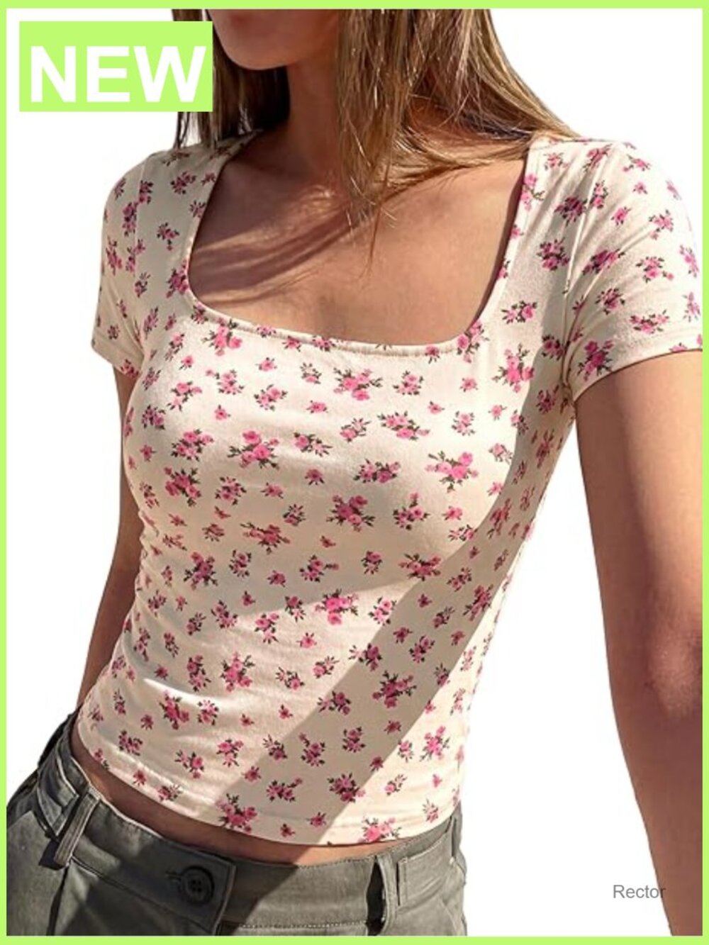 Square Neck Floral Boho Top Short Sleeve Summer Blouse